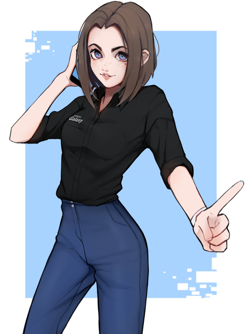 1girl, black_shirt, blue_eyes, blue_pants, bob_cut, brown_hair, cellphone, collared_shirt, denim, ear_piercing, freckles, high-waist_pants, highres, index_finger_raised, long_sleeves, looking_at_viewer, mole, mole_under_eye, narrow_waist, netapai1, pants, parted_lips, phone, piercing, samsung, samsung_sam, shirt, short_hair, smartphone, smile