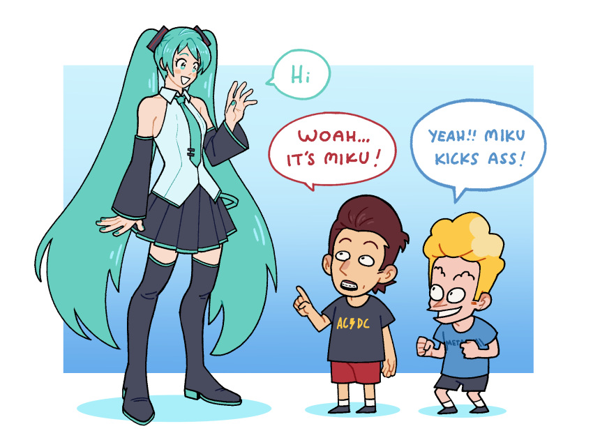 1girl, 2boys, aqua_eyes, aqua_hair, aqua_nails, bare_shoulders, beavis, beavis_and_butt-head
