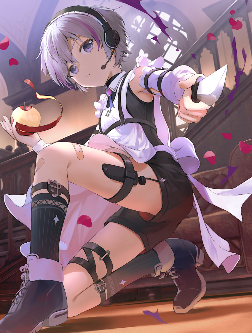 1boy, apple, apple_peel, apron, bandaid, bandaid_on_knee, bandaid_on_leg, black_footwear