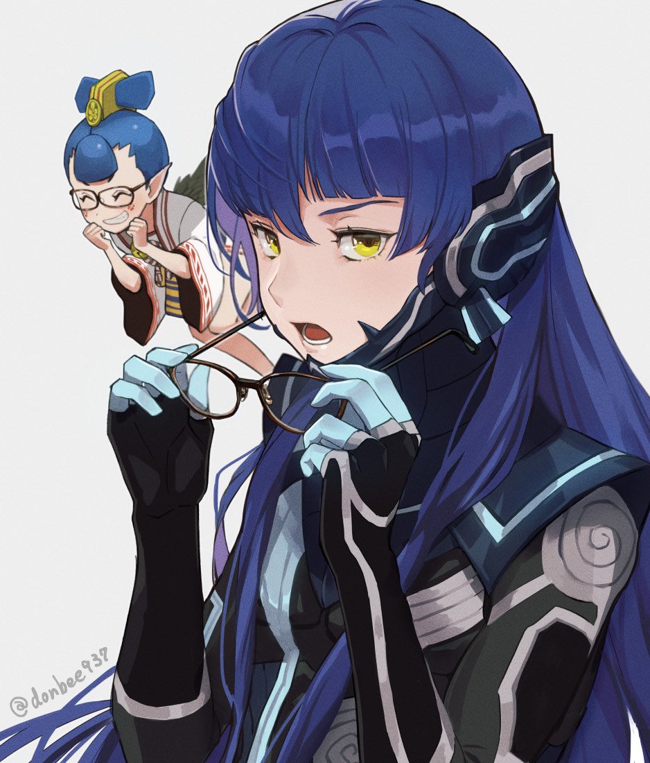 1boy, 1girl, amanozako_(megami_tensei), androgynous, bangs, blue_hair, bodysuit, donbee937