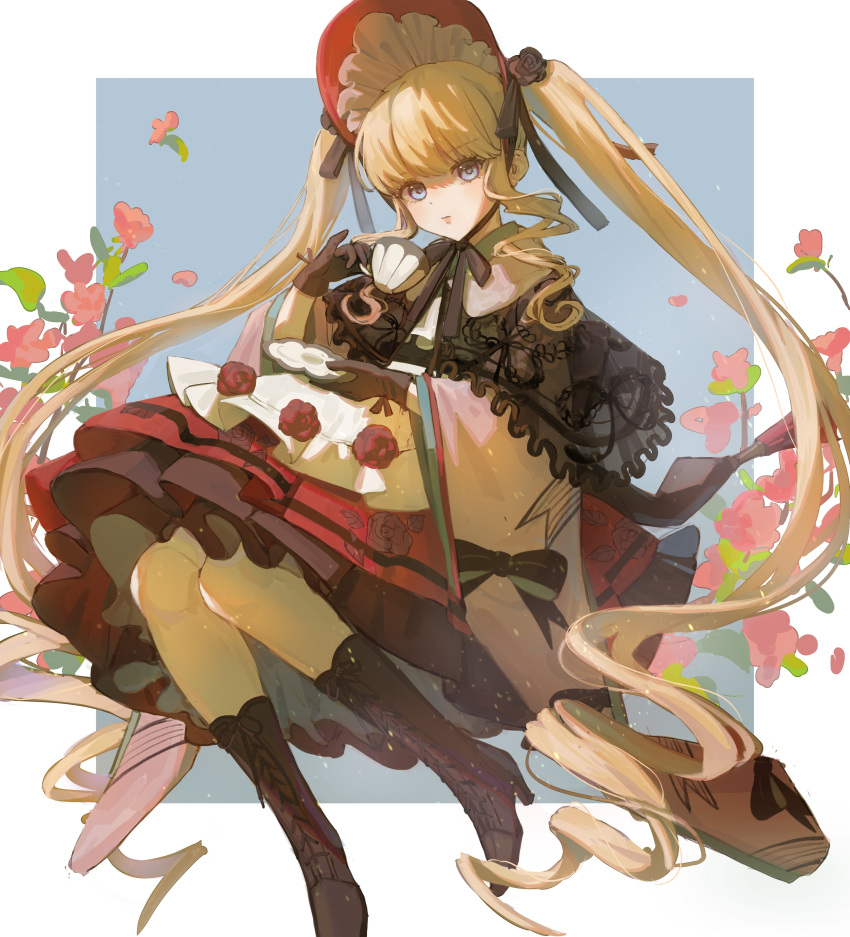 1girl, absurdres, bangs, black_capelet, black_gloves, blonde_hair, blue_eyes, bonnet, boots, brown_footwear, capelet, chinese_commentary, commentary_request, cup, dress, drill_hair, eyebrows_visible_through_hair, floral_print, flower, foot_out_of_frame, gloves, hand_up, hat, hat_flower, high_heels, highres, holding, holding_cup, holding_saucer, knee_boots, lace_capelet, long_hair, looking_at_viewer, neck_ribbon, pinky_out, red_dress, red_flower, red_headwear, ribbon, rozen_maiden, saucer, shinku, shouzhuabingyishujia, sidelocks, solo, teacup, twin_drills, twintails, two-tone_background, very_long_hair, wide_sleeves