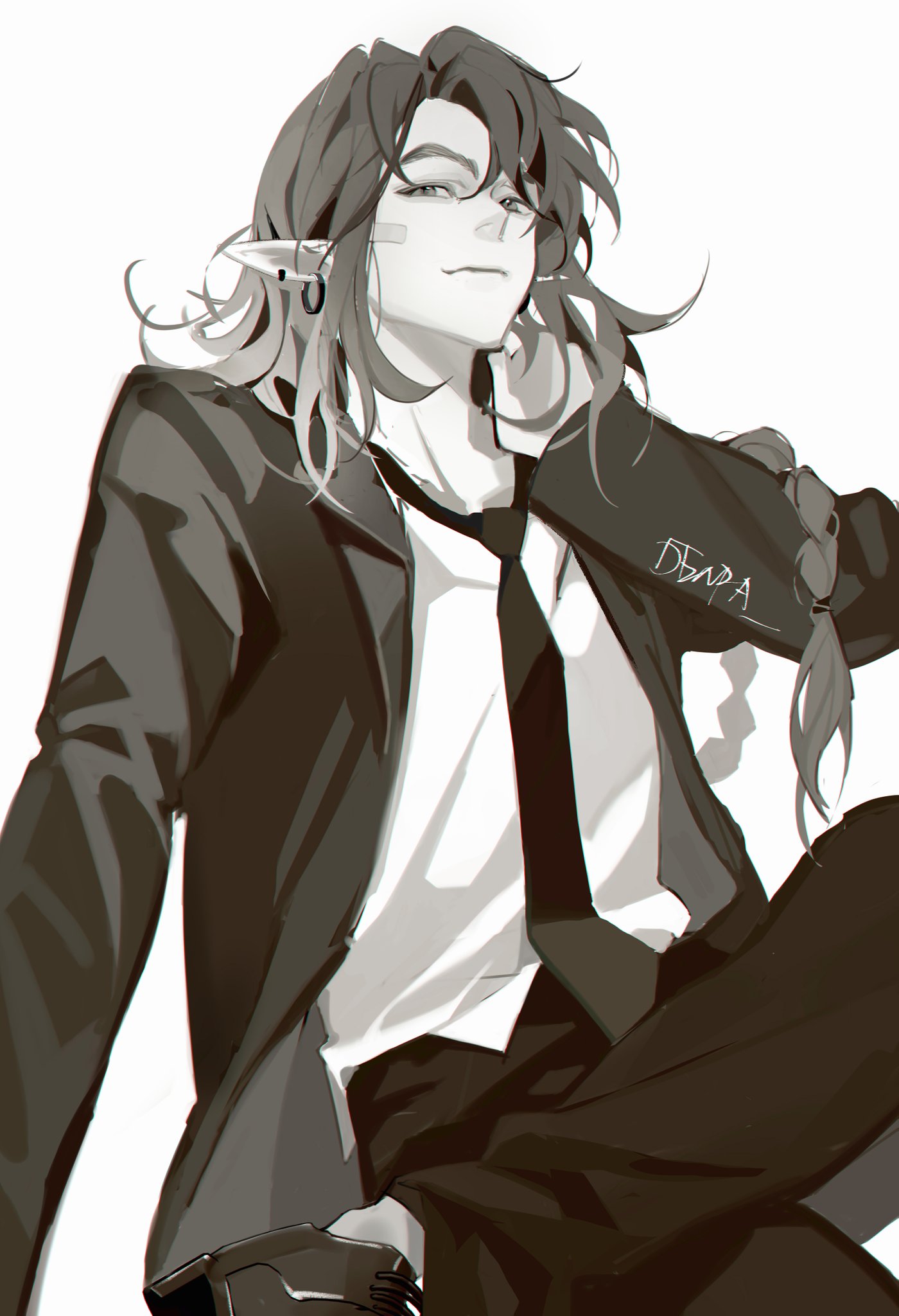 1boy, arm_at_side, bandaid, bandaid_on_cheek, bandaid_on_face, bangs, braid, braided_ponytail