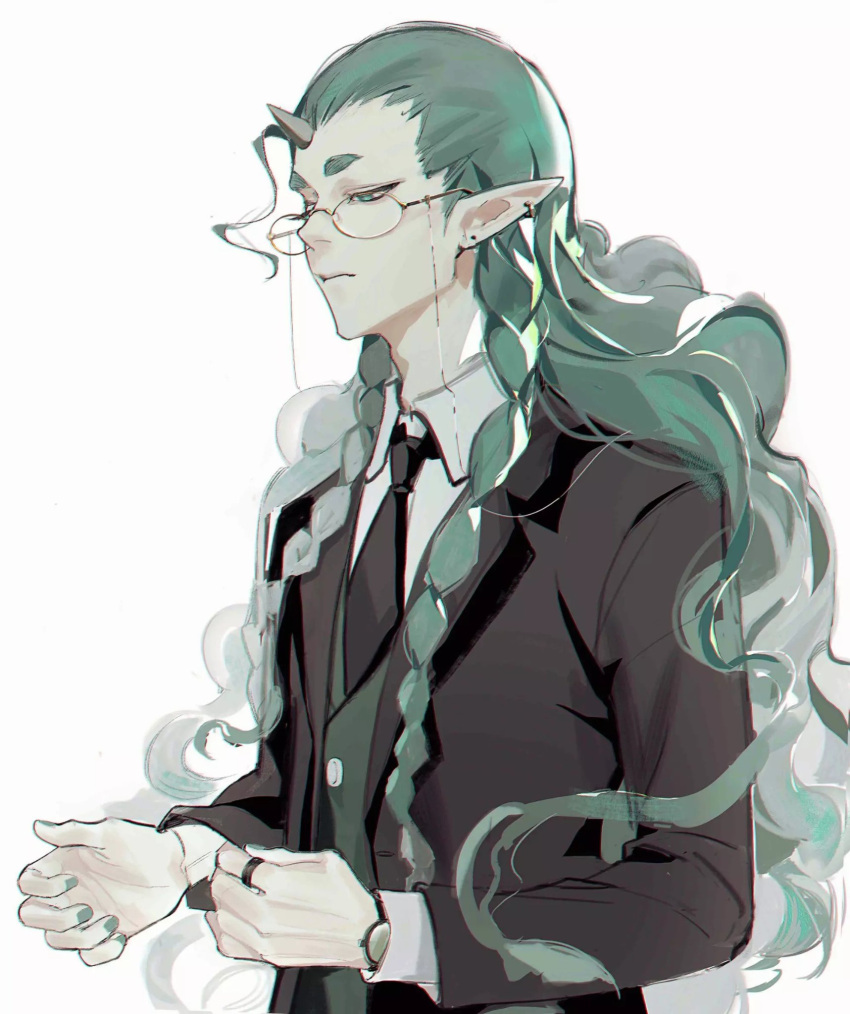 1boy, adjusting_clothes, bespectacled, black_jacket, black_necktie, bracelet, braid, collared_shirt, curly_hair, denpa0304, diting_(the_legend_of_luoxiaohei), earrings, eyewear_strap, formal, glasses, green_eyes, green_hair, green_nails, hair_over_shoulder, hair_slicked_back, half-closed_eyes, highres, horns, jacket, jewelry, long_hair, long_sleeves, looking_away, looking_down, male_focus, nail_polish, necktie, pointy_ears, ring, shirt, simple_background, single_horn, solo, suit, the_legend_of_luo_xiaohei, twin_braids, upper_body, white_background, white_shirt