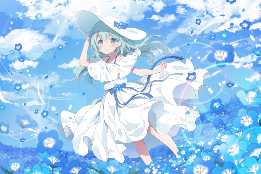 1girl, arms_up, bare_shoulders, blue_flower, blue_hair, blue_ribbon, closed_mouth, clouds, cloudy_sky, dress, falling_petals, field, flat_chest, flower, flower_field, frilled_dress, frilled_skirt, frills, hand_up, hat, legs, light_blue_hair, looking_up, mochigome_(ununquadium), nemophila_(flower), original, petals, ribbon, skirt, sky, smile, spread_legs, underwear, white_dress, wind, wind_lift
