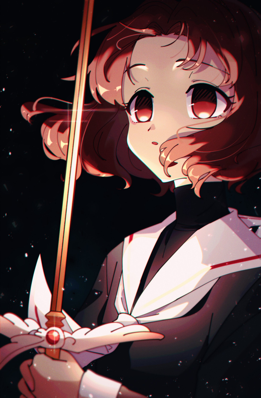 1girl, absurdres, black_background, brown_eyes, brown_hair, cardcaptor_sakura, empty_eyes, highres