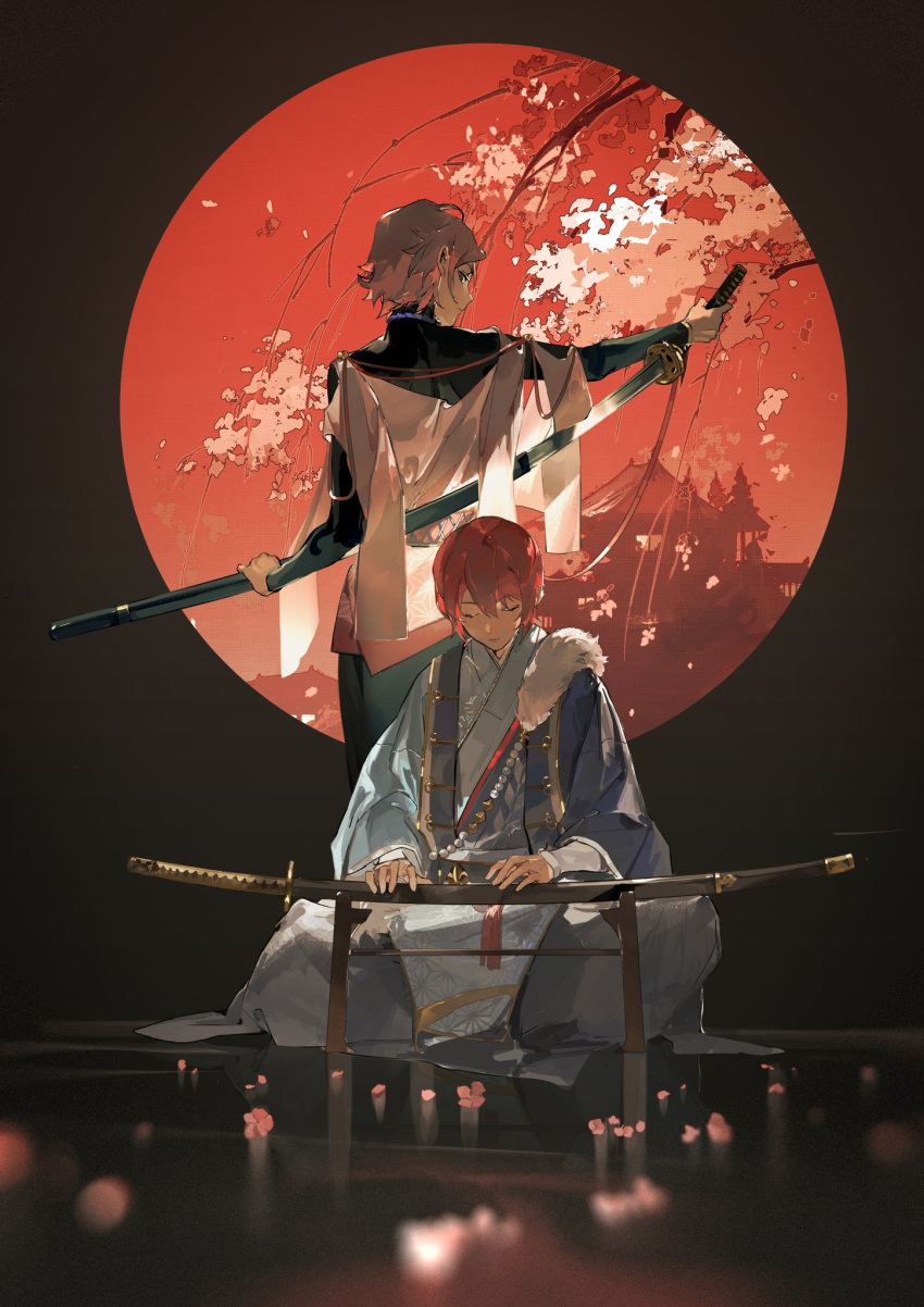 2boys, architecture, back-to-back, bangs, beads, black_shirt, blue_kimono, blurry
