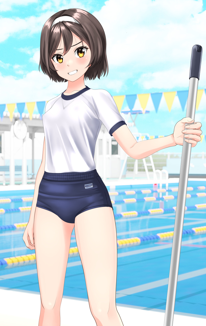1girl, absurdres, black_buruma, black_hair, blue_sky, buruma, clouds, commentary_request