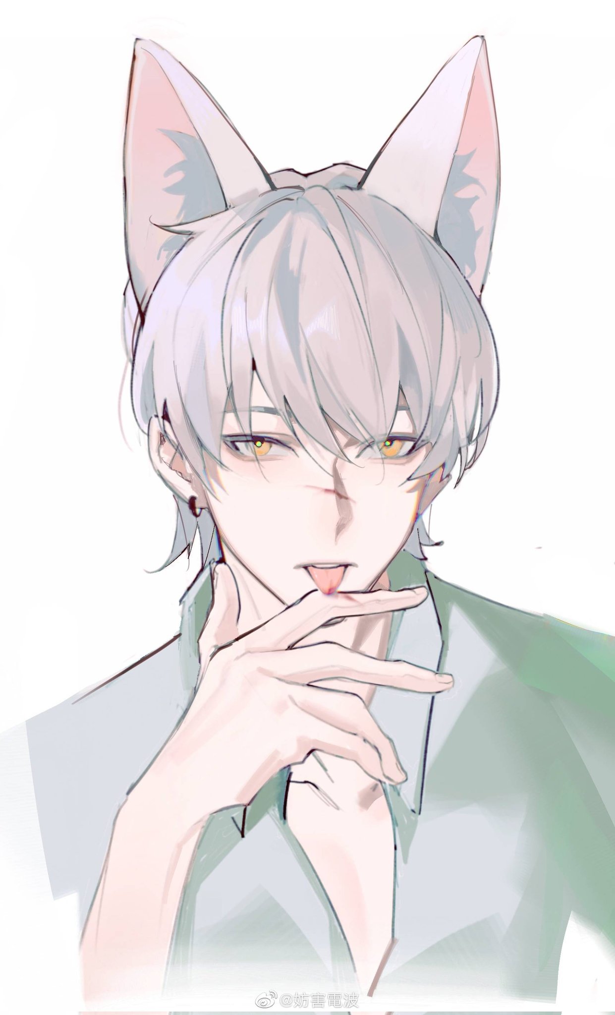 1boy, animal_ear_fluff, animal_ears, bangs, blood, blood_on_face, blood_on_hands, collared_shirt, copyright_request, cuts, denpa0304, extra_ears, fox_ears, grey_hair, grey_shirt, hand_up, highres, injury, licking, licking_finger, looking_at_viewer, male_focus, pectoral_cleavage, pectorals, portrait, scar, scar_on_face, scar_on_nose, shirt, short_hair, simple_background, solo, tongue, tongue_out, white_background, yellow_eyes
