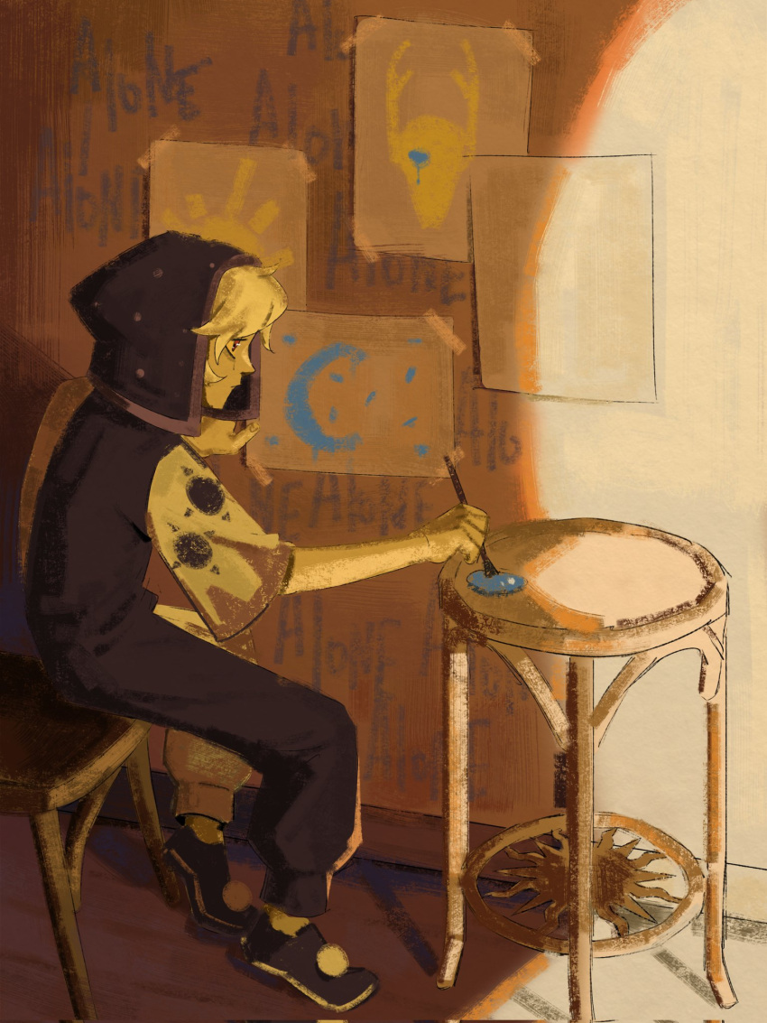 1boy, hat, highres, holding, holding_paintbrush, indoors, kandidatnaroda, limited_palette