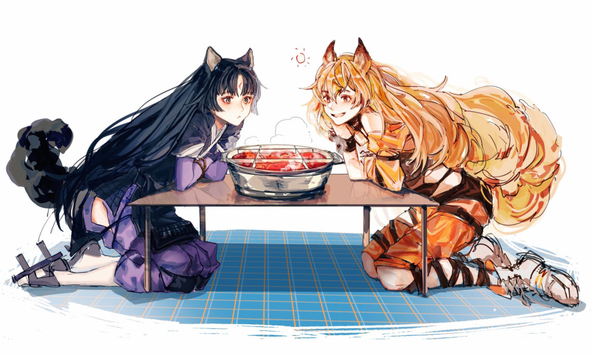 2girls, :d, :o, animal_ears, arknights, arm_support, bangs, bead_bracelet