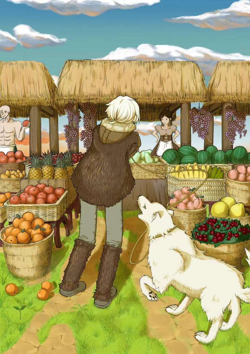 1girl, 2boys, abs, anflyingbird, apple, apron, bald, banana