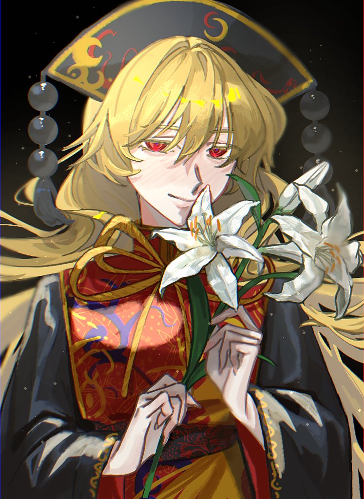 1girl, annindofu_umaaa, bangs, black_dress, blonde_hair, blurry, chinese_clothes, dark_background