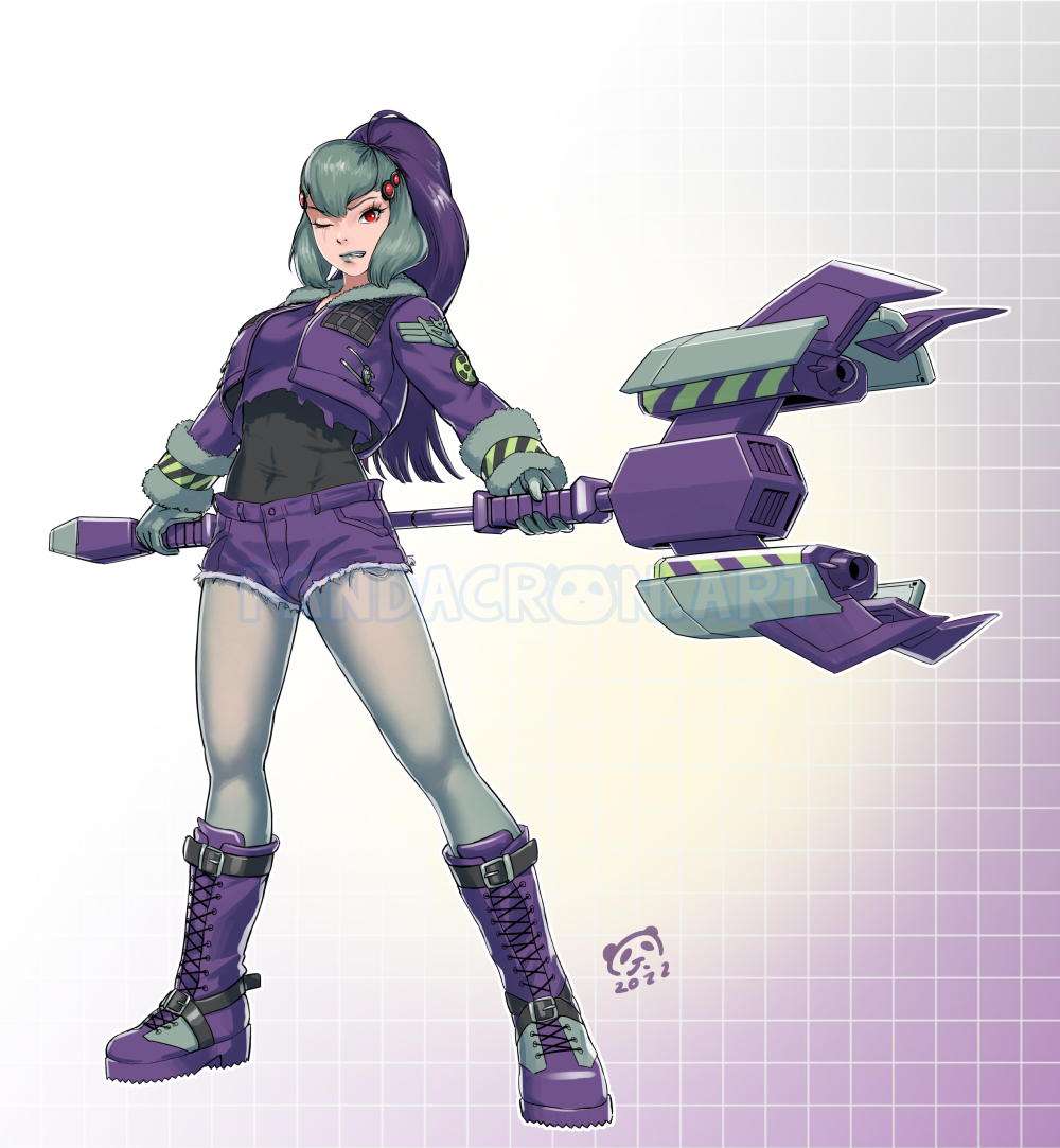1girl, black_shirt, boots, breasts, covered_navel, decepticon, genderswap, genderswap_(mtf), gloves, grey_gloves, grey_hair, grey_legwear, grey_lips, holding, holding_weapon, hood, hooded_jacket, jacket, long_hair, looking_at_viewer, lugnut_(transformers), medium_breasts, multicolored_hair, one_eye_closed, pandacron, pantyhose, personification, ponytail, purple_footwear, purple_hair, purple_jacket, purple_shirt, red_eyes, shirt, shirt_tucked_in, solo, transformers, transformers_animated, two-tone_hair, weapon