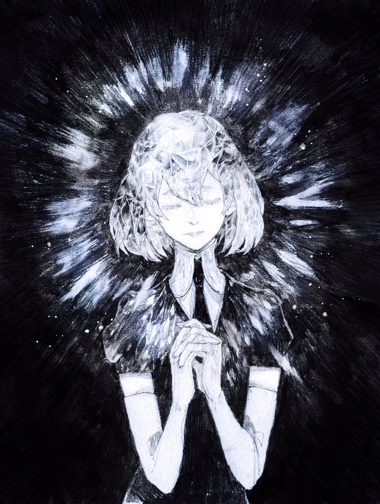1other, bangs, black_background, black_necktie, bob_cut, closed_eyes, colored_skin, crystal_hair, diamond_(houseki_no_kuni), elbow_gloves, facing_viewer, gem_uniform_(houseki_no_kuni), gloves, hair_between_eyes, houseki_no_kuni, interlocked_fingers, linsang, necktie, other_focus, own_hands_together, parted_lips, praying, puffy_sleeves, short_hair, simple_background, solo, sparkle, traditional_media, upper_body, white_gloves, white_hair, white_skin