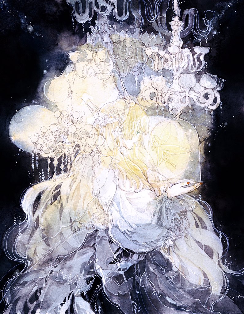 2girls, black_background, blonde_hair, bug, butterfly, chandelier, cowboy_shot, dress, fairy, from_side, glowing, holding, light_particles, linsang, long_hair, long_sleeves, looking_at_another, minigirl, multiple_girls, nail_polish, open_mouth, original, profile, puffy_long_sleeves, puffy_sleeves, red_nails, serving_dome, sidelocks, solo_focus, standing, tears, veil, very_long_hair