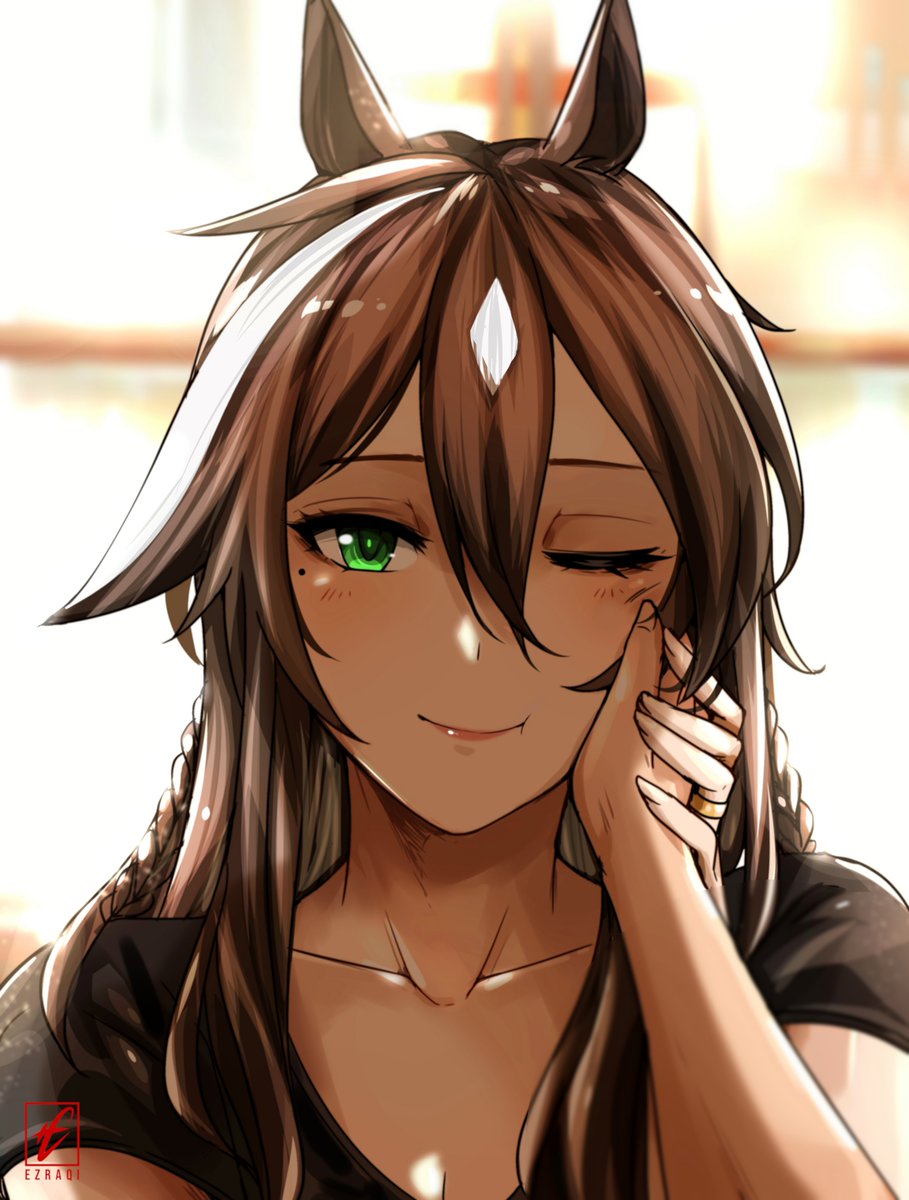 1girl, animal_ears, arknights, artist_logo, artist_name, bangs, black_shirt, blurry, blurry_background, braid, collarbone, commentary, english_commentary, eyeshadow, ezraqi, green_eyes, hand_on_another's_cheek, hand_on_another's_face, hand_on_another's_hand, highres, horse_ears, horse_girl, indoors, light_blush, long_bangs, long_hair, looking_at_viewer, makeup, meteor_(arknights), mole_on_cheek, multicolored_hair, one_eye_closed, pov, pov_adoring, pov_hands, shirt, short_sleeves, side_braids, smile, streaked_hair, t-shirt, two-tone_hair, white_background, white_hair