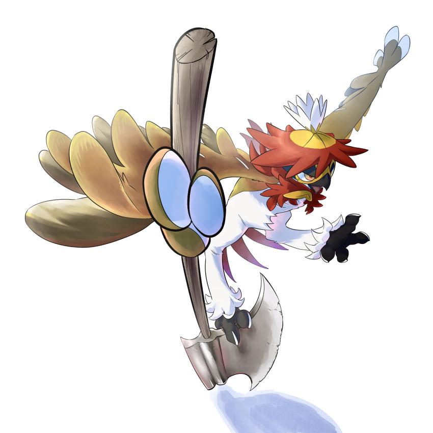 animal_focus, axe, bird, brown_eyes, commentary_request, highres, hisuian_decidueye, holding