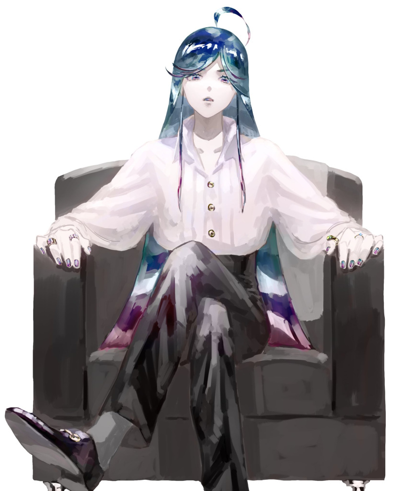 1other, ahoge, alexandrite_(houseki_no_kuni), androgynous, bangs, black_footwear, buttons, collared_shirt