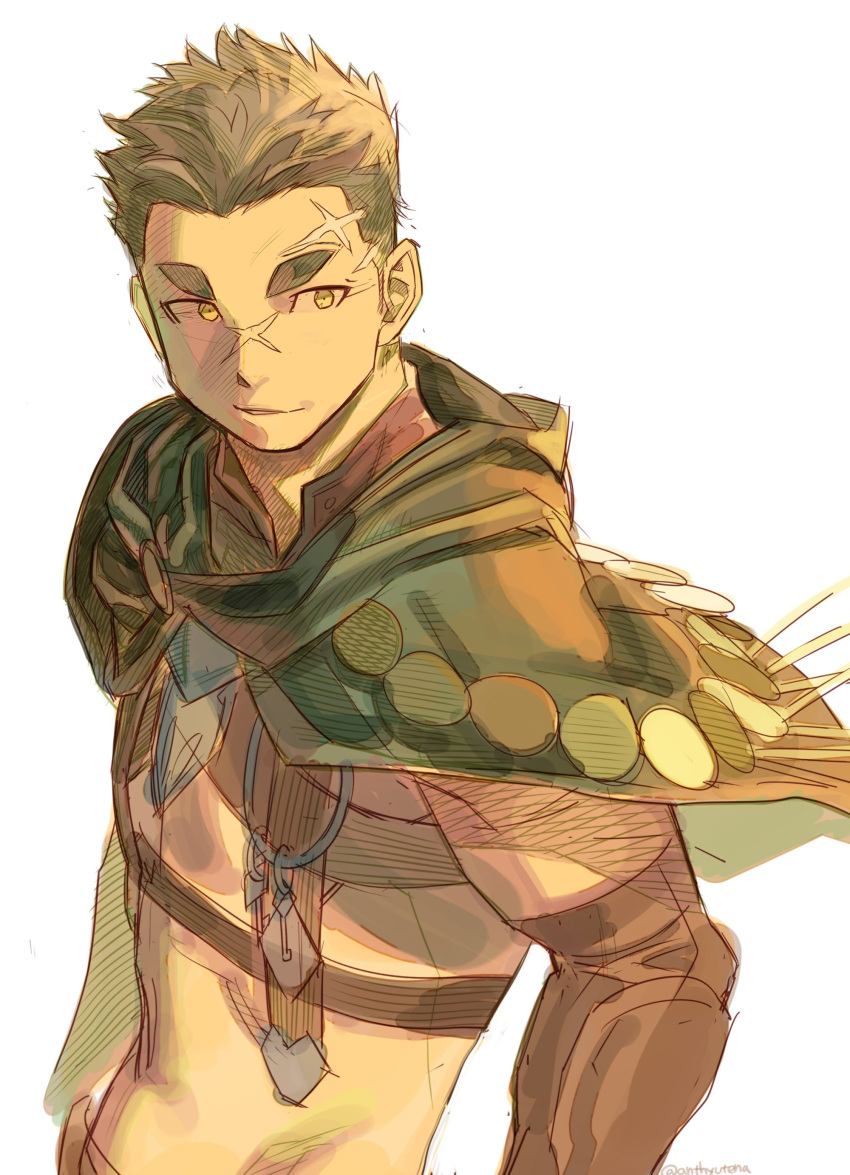 1boy, absurdres, another_eidos-r, brown_hair, cape_lift, capelet, chest_belt, elbow_gloves