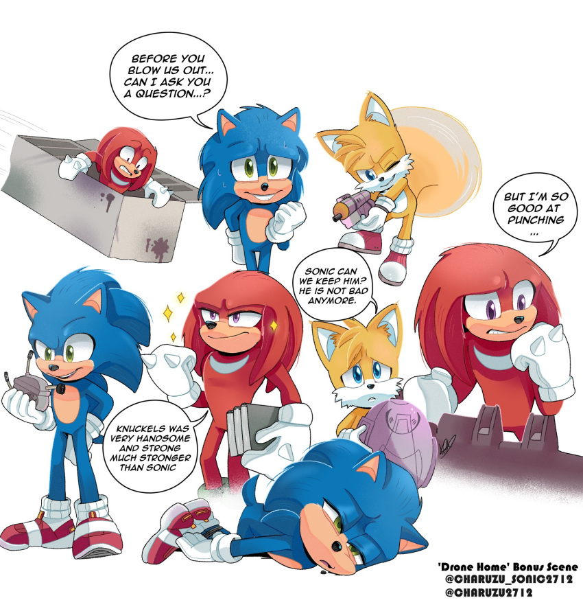 3boys, artist_name, blue_eyes, blue_fur, book, charuzu2712, gloves, green_eyes, half-closed_eyes, happy, highres, knuckles_the_echidna, looking_at_viewer, lying, male_focus, multicolored_fur, multiple_boys, nervous, on_stomach, red_fur, refrigerator, robot, sad, shoes, sonic_(series), sonic_the_hedgehog, sonic_the_hedgehog_2_(film), sparkle, speech_bubble, spiky_hair, sweat, sweatdrop, tails_(sonic), tire, twitter_username, violet_eyes, white_fur