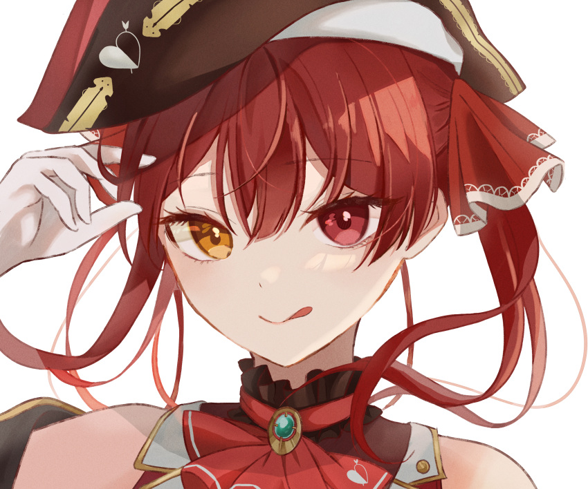 1girl, bicorne, black_headwear, brooch, closed_mouth, eyebrows_visible_through_hair, face, fringe, hair_between_eyes, hair_ribbon, hand_on_hair, hat, heart, heterochromia, highres, hololive, houshou_marine, jacket, long_hair, looking_at_viewer, off_shoulder, pirate, pirate_hat, playing_with_own_hair, red_ascot, red_eyes, red_hair, simple_background, smile, solo, tongue_out, twintails, virtual_youtuber, white_background, white_gloves, yellow_eyes