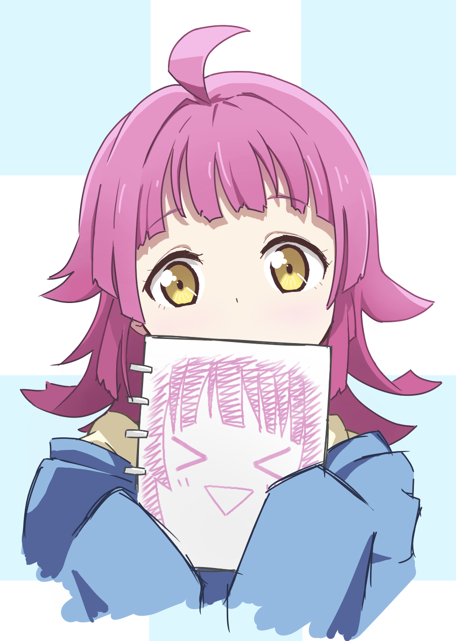 >_<, 1girl, ahoge, bangs, blue_jacket, blunt_ends, commentary, covering_mouth