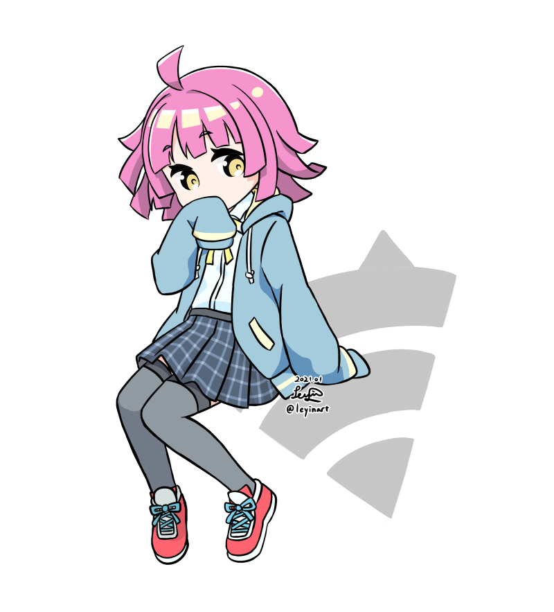 1girl, ahoge, arm_support, bangs, black_legwear, blue_jacket, blue_skirt, blunt_bangs, blunt_ends, checkered_clothes, checkered_skirt, commentary, covering_mouth, dated, eyebrows_visible_through_hair, hand_up, hood, hooded_jacket, jacket, legs, leyin, long_sleeves, looking_at_viewer, love_live!, love_live!_nijigasaki_high_school_idol_club, nijigasaki_academy_school_uniform, red_footwear, school_uniform, shirt, shoes, short_hair, signature, sitting, skirt, sleeves_past_fingers, sleeves_past_wrists, solo, tennoji_rina, thigh-highs, white_background, white_shirt, wifi_symbol, yellow_eyes