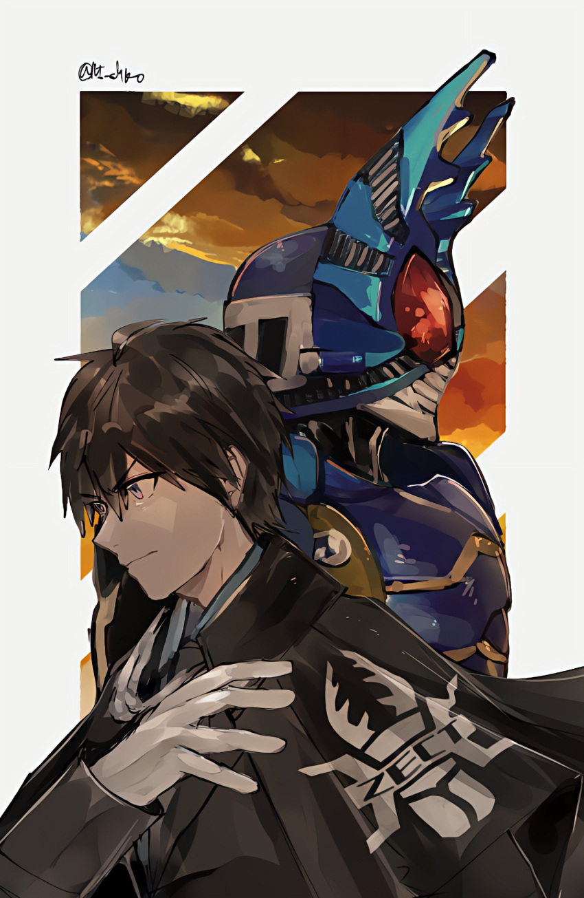 absurdres, adjusting_clothes, armor, bangs, black_cape, black_hair, black_suit, blue_armor