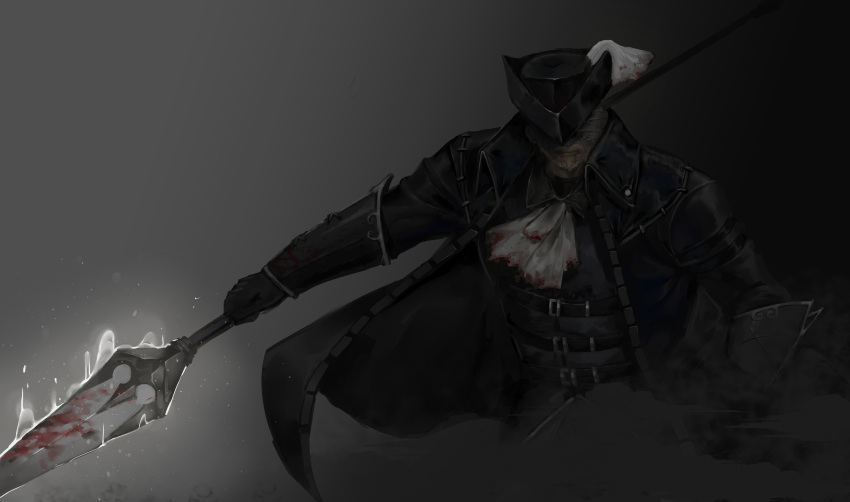 absurdres, ascot, belt, black_coat, black_gloves, blood, blood_on_clothes, blood_on_face, blood_on_weapon, coat, covered_eyes, gloves, glowing, glowing_weapon, gradient, gradient_background, highres, holding, holding_polearm, holding_weapon, lance, library_of_ruina, lubban, oscar_(library_of_ruina), polearm, project_moon, serious, simple_background, upper_body, vambraces, weapon