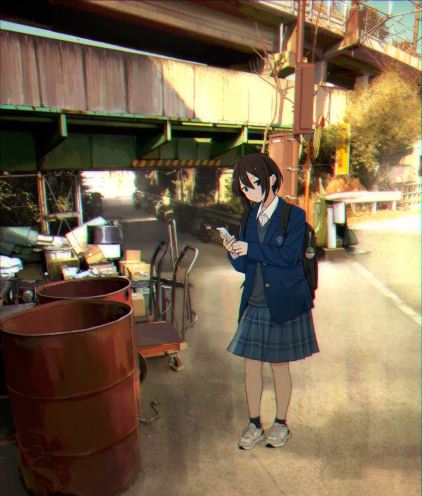 1girl, backpack, bag, black_eyes, black_hair, black_legwear, blazer, blue_jacket