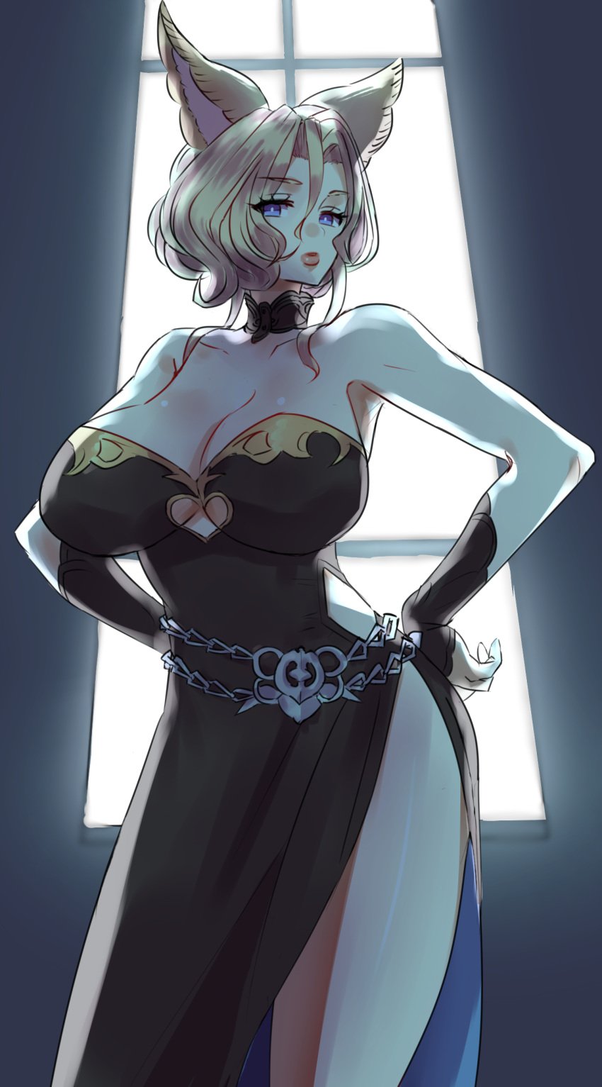 1girl, absurdres, animal_ears, blonde_hair, blue_eyes, breasts, chain, collar, colored_skin, dress, elea_(granblue_fantasy), erune, granblue_fantasy, highres, hole_in_chest, hole_on_body, large_breasts, long_sleeves, mature_female, mouth, short_hair, thighs, wall, white_skin, window