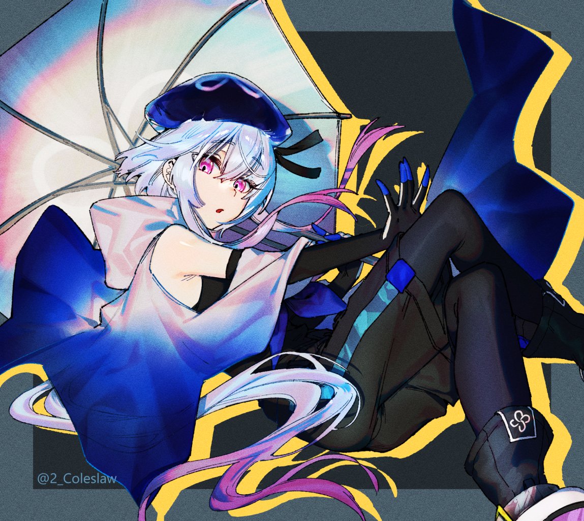 1boy, arknights, black_legwear, black_shorts, blue_hair, blue_neckerchief, finger_cots, from_side, holding, holding_umbrella, looking_at_viewer, looking_to_the_side, male_focus, mirin_chikuwa, mizuki_(arknights), neckerchief, otoko_no_ko, pantyhose, parted_lips, pink_eyes, shorts, solo, twitter_username, umbrella