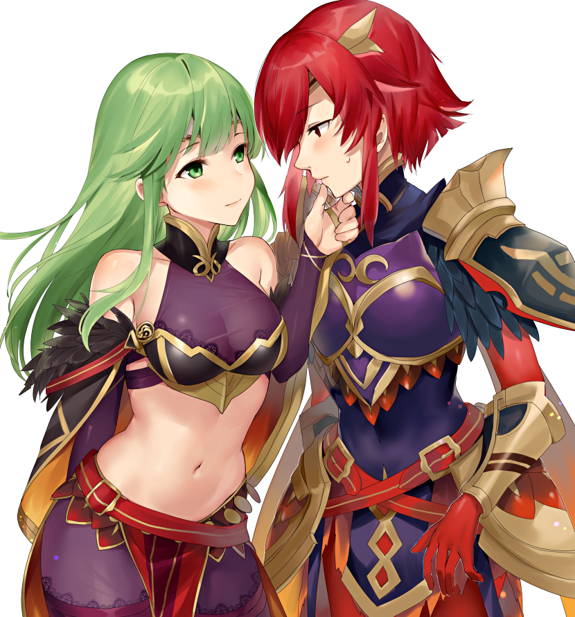 2girls, alternate_costume, armor, black_armor, blush, breasts, circlet, cosplay