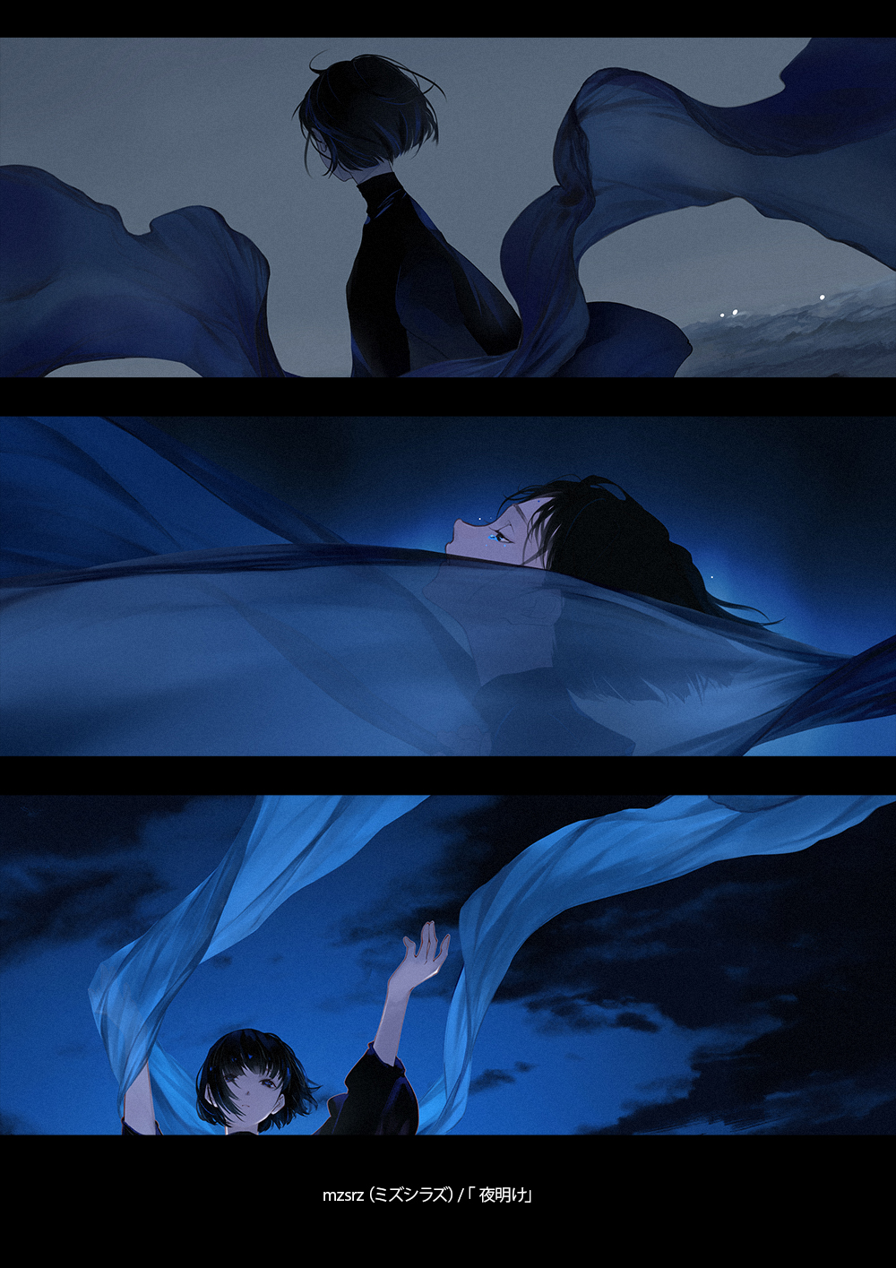1girl, ajimita, arms_up, bangs, black_dress, blue_shawl, blue_sky, blunt_bangs