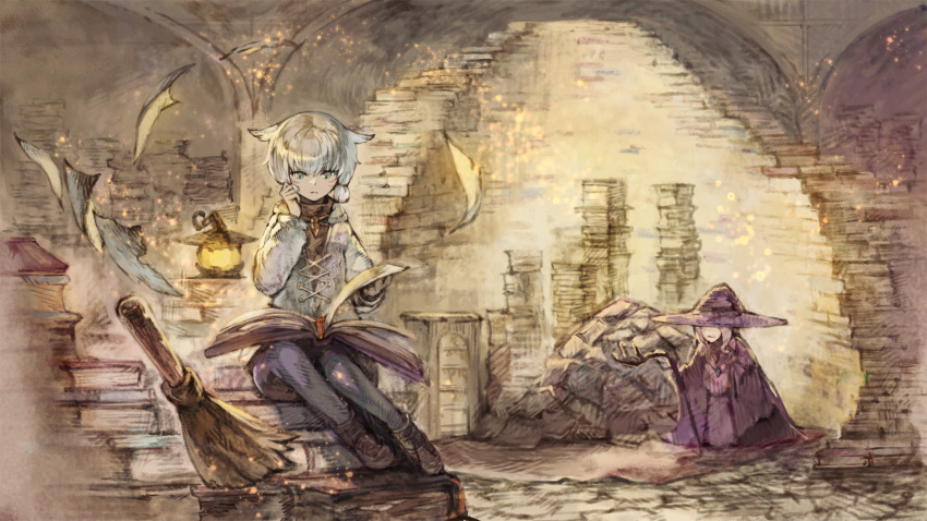 2girls, animal_ears, blue_pants, book, book_on_lap, book_stack, broom, brown_footwear, cane, cat_ears, child, covered_eyes, facial_mark, female_child, final_fantasy, final_fantasy_xiv, full_body, green_eyes, grey_hair, grey_shirt, hand_on_own_cheek, hand_on_own_face, hand_up, hat, hatching_(texture), highres, holding, holding_cane, indoors, je_ngu, lamp, long_sleeves, matoya_(ff14), miqo'te, multiple_girls, open_book, pants, paper, purple_headwear, purple_robe, reading, shirt, shoes, short_hair, sitting, slit_pupils, witch_hat, y'shtola_rhul, younger