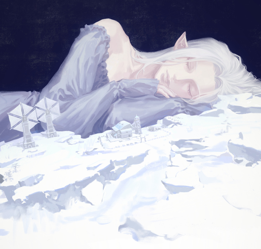 1girl, absurdres, bare_shoulders, blue_background, blue_dress, building, closed_eyes, collarbone