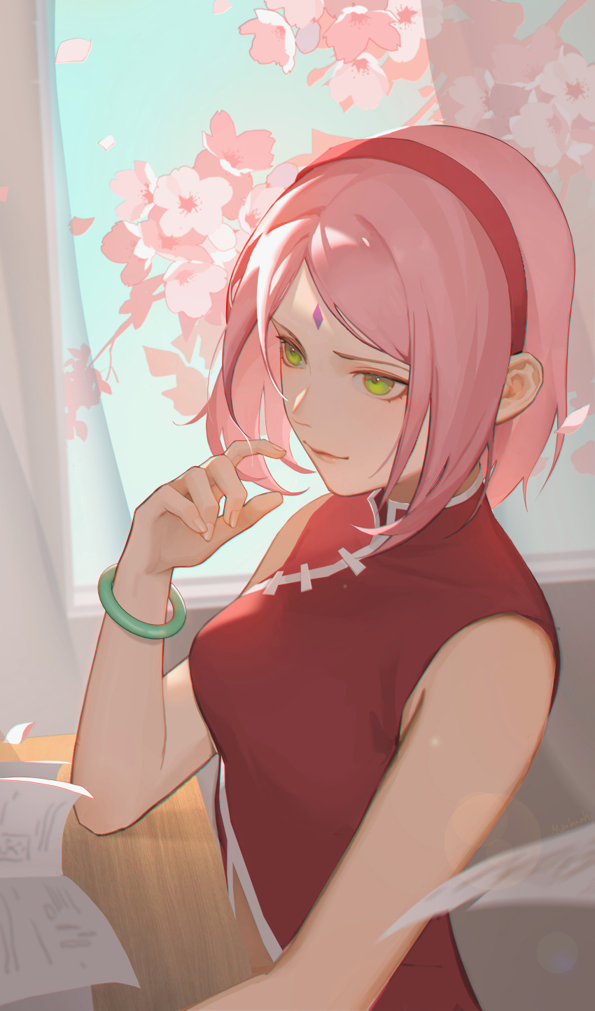 1girl, absurdres, bangs, bare_arms, boruto:_naruto_next_generations, bracelet, closed_mouth, desk