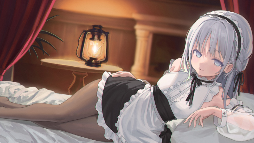 1girl, apron, bangs, black_ribbon, black_skirt, blue_eyes, blurry, blurry_background