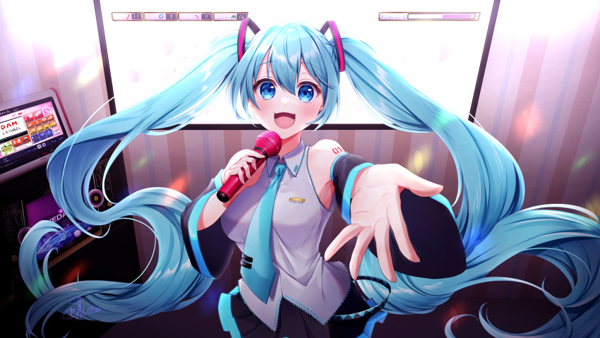 1girl, :d, bangs, black_skirt, black_sleeves, blue_eyes, blue_hair, blue_necktie