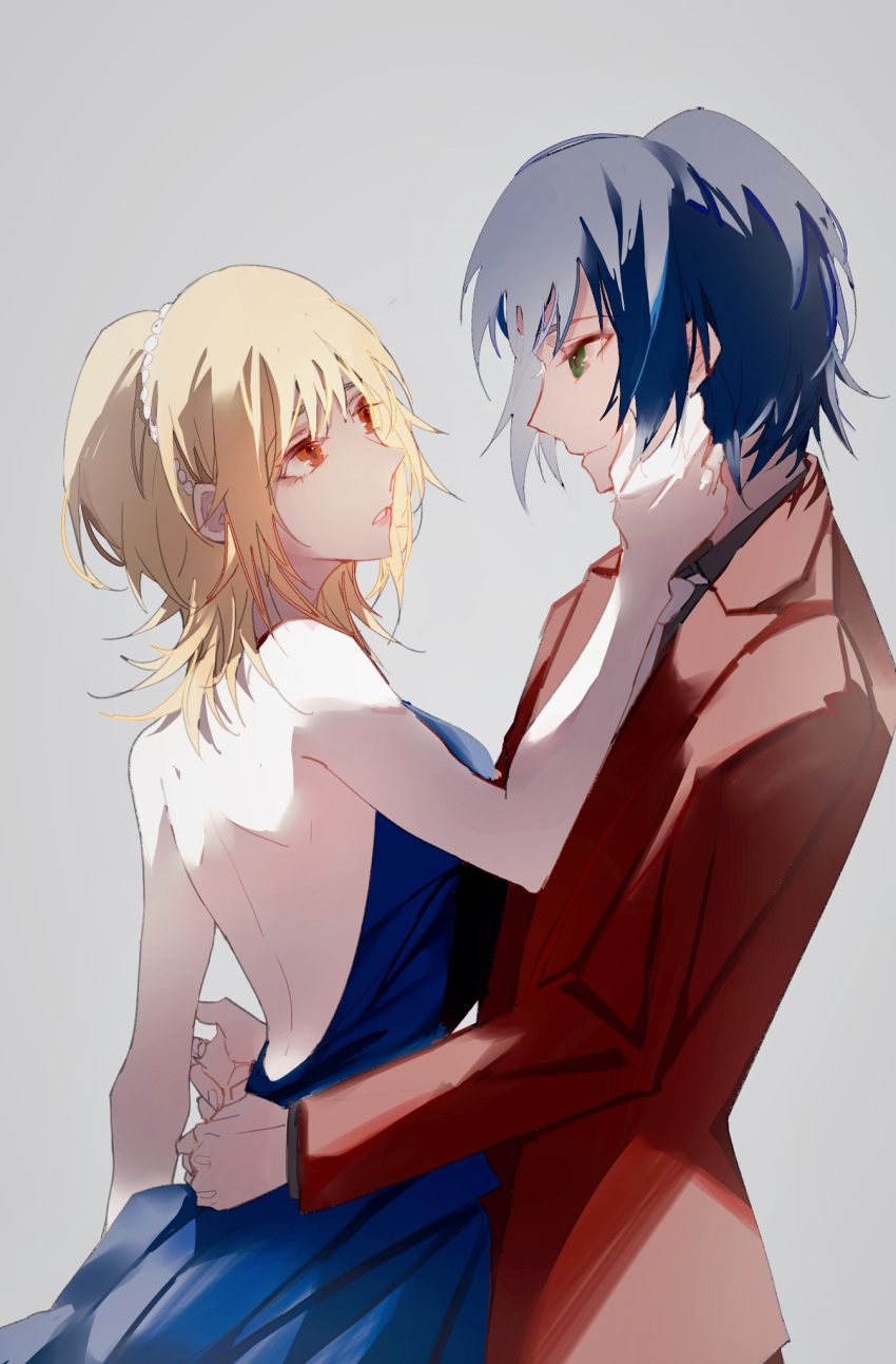 1boy, 1girl, athrun_zala, backless_dress, backless_outfit, bare_arms, bare_back, blonde_hair