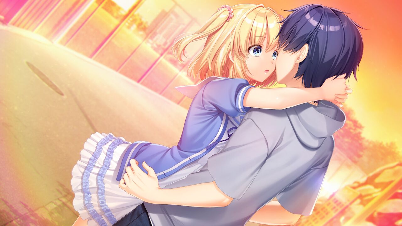 1boy, 1girl, alpha_(yukai_na_nakamatachi), arms_around_neck, bangs, blonde_hair, blue_eyes, blue_hair