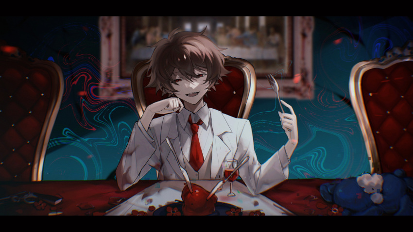 absurdres, blood, blood_on_clothes, brown_hair, chair, collared_shirt, employee_(lobotomy_corporation), fork