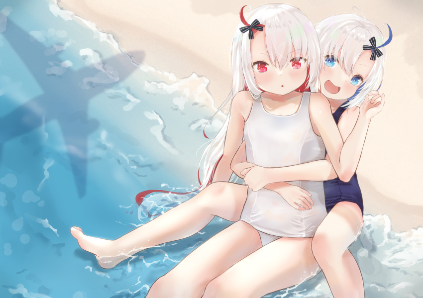 2girls, absurdres, aircraft, airplane, azur_lane, barefoot, beach, black_ribbon