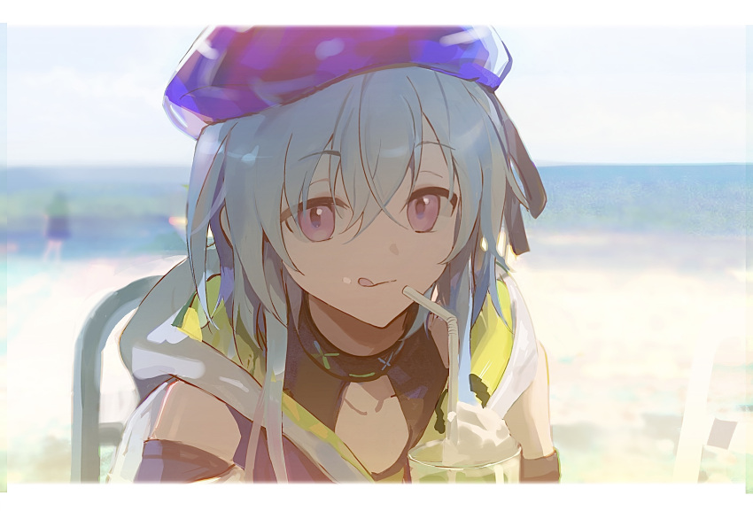 1boy, :p, androgynous, arknights, bangs, bare_shoulders, beach, beret, black_ribbon, black_shirt, blue_cloak, blue_hair, blue_headwear, blurry, blurry_background, choker, cloak, closed_mouth, commentary_request, cup, drinking_straw, eyebrows_behind_hair, gradient_hair, hair_between_eyes, hat, highres, hood, hood_down, hooded_cloak, infection_monitor_(arknights), letterboxed, looking_at_viewer, male_focus, mizuki_(arknights), multicolored_hair, neckerchief, otoko_no_ko, outdoors, pink_eyes, purple_hair, red_eyes, ribbon, shirt, short_hair_with_long_locks, shusuzu, sidelocks, sleeveless, sleeveless_shirt, smile, solo, tongue, tongue_out, upper_body, white_cloak