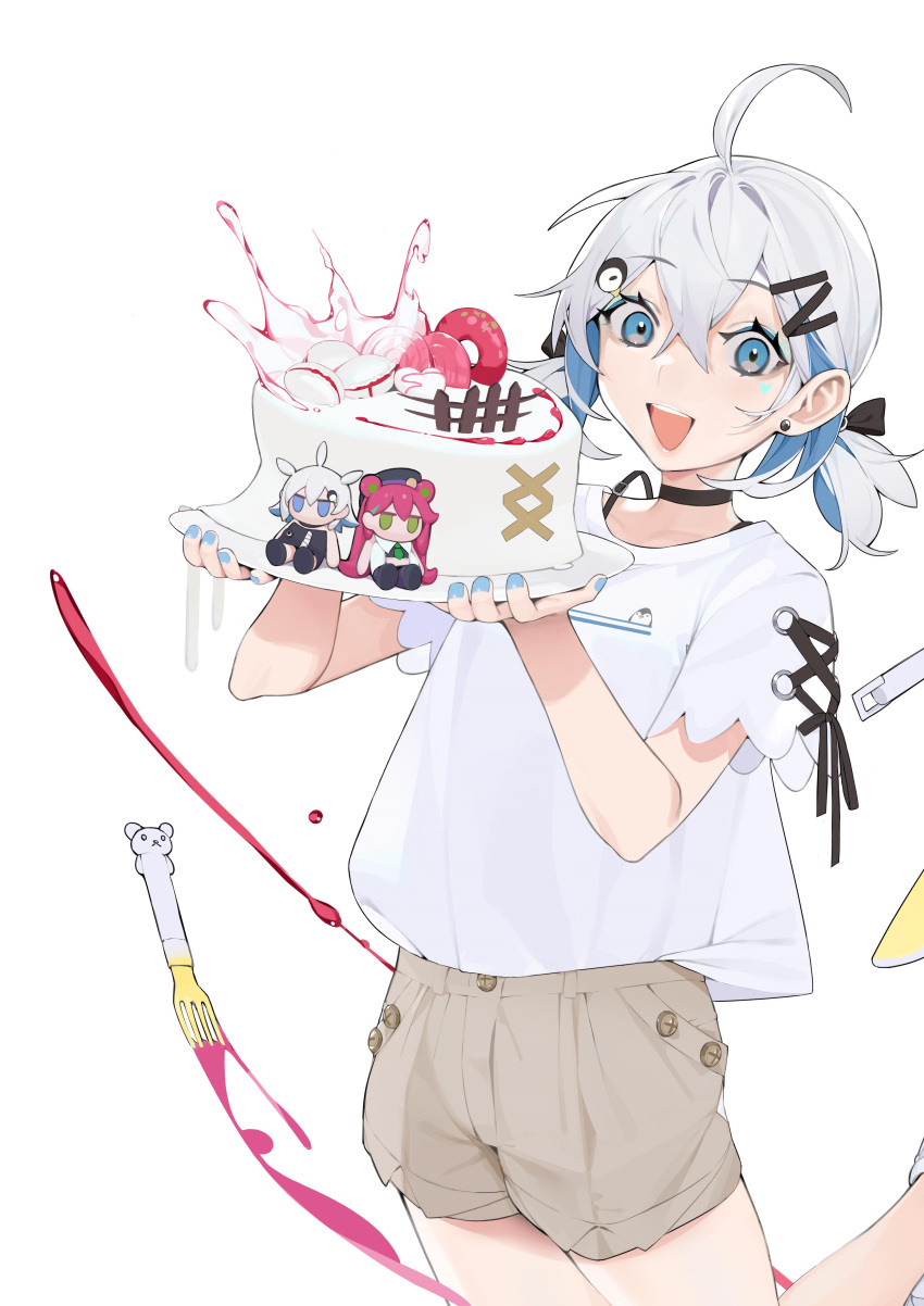 1girl, absurdres, ahoge, blue_eyes, blue_nails, brown_shorts, bs0, cake