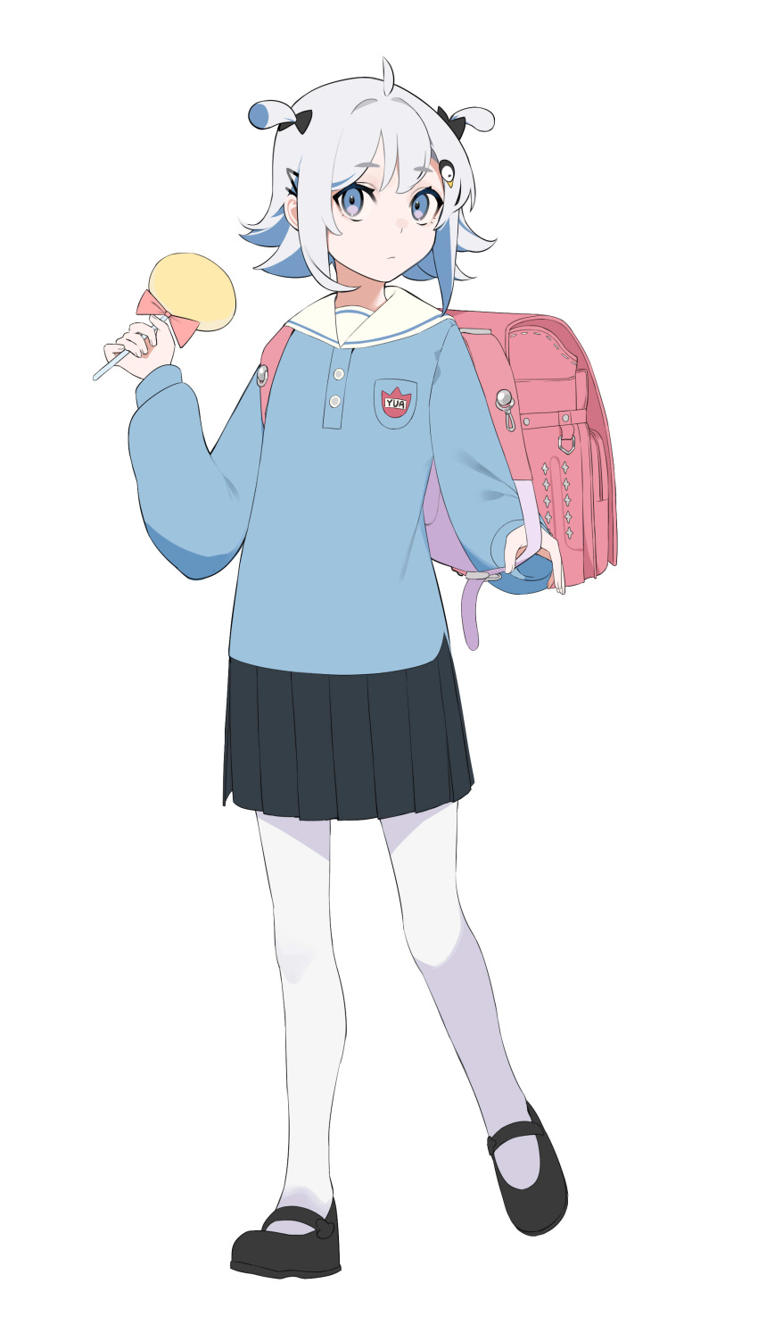 1girl, absurdres, ahoge, backpack, bag, black_footwear, black_skirt, blue_eyes