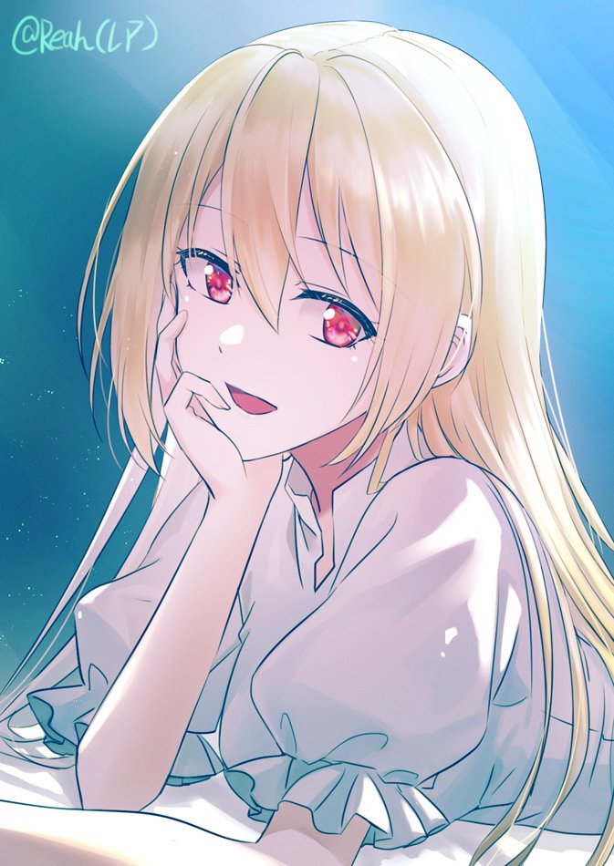 1girl, bangs, blonde_hair, breasts, dress, hair_down, hand_up, head_rest