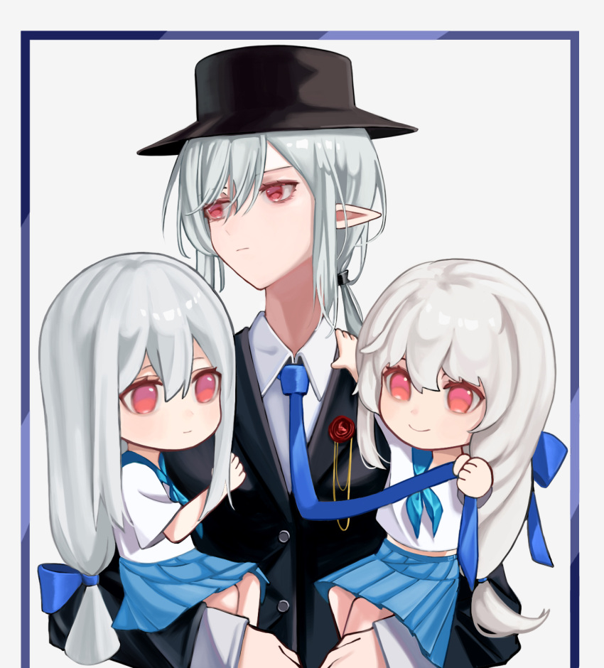 3girls, arknights, black_headwear, black_suit, blue_neckerchief, blue_necktie, blue_skirt, carrying