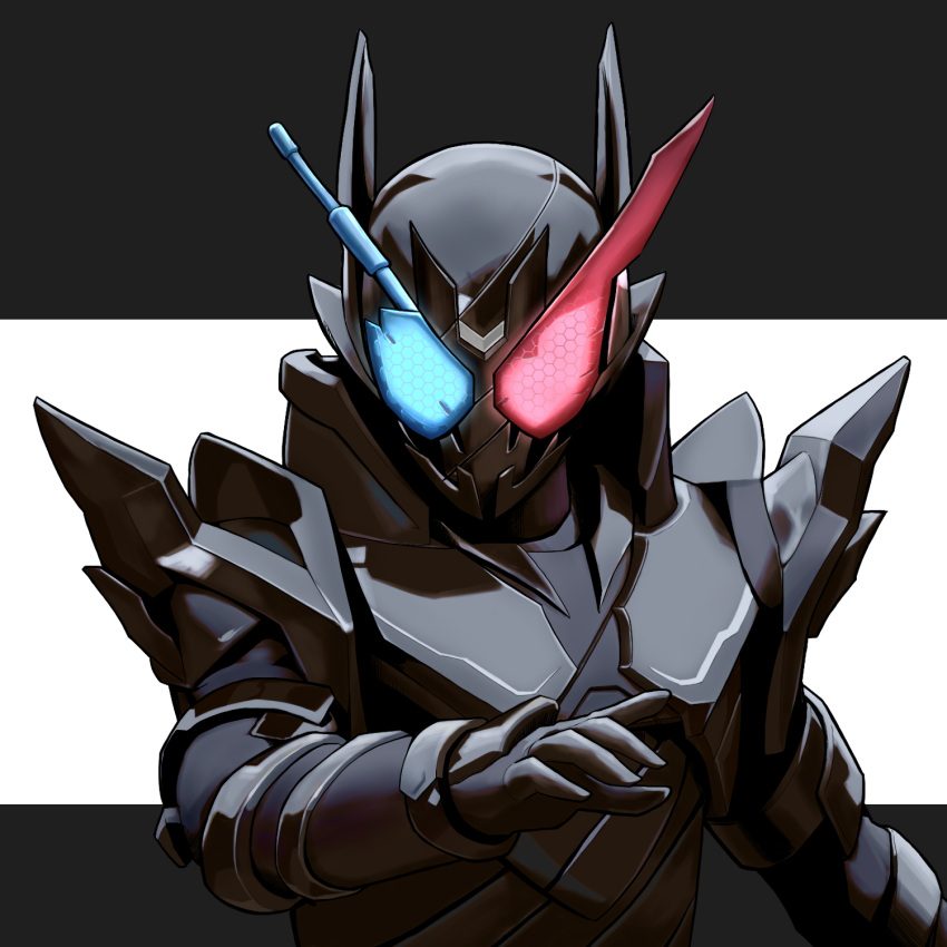 1boy, armor, black_armor, black_background, blue_eyes, build_driver, driver_(kamen_rider), fullbottle, glowing, glowing_eyes, heterochromia, highres, kamen_rider, kamen_rider_build, kamen_rider_build_(series), rabbit+tank_form_(black_hazard), red_eyes, rence, rider_belt, tokusatsu, two-tone_background, white_background
