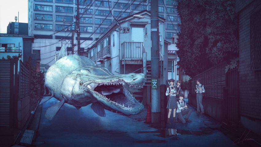 2boys, 2girls, alligator_gar, backpack, bag, black_hair, black_sweater_vest, bow, bowtie, brown_hair, building, collared_shirt, day, gar_(fish), grey_pants, hiding, highres, hipy_(image_oubliees), leaf, multiple_boys, multiple_girls, necktie, open_mouth, original, outdoors, pants, plaid, plaid_bow, plaid_bowtie, plaid_skirt, pleated_skirt, power_lines, shirt, skirt, surreal, sweater_vest, teeth, tree, white_shirt, white_sky, wide_shot, window